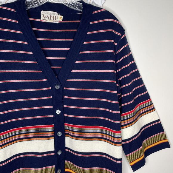 VTG VAMP by Koret size M Knit SWEATER V-Neck Button up 3/4 Sleeves Striped BLUE - Picture 3 of 16